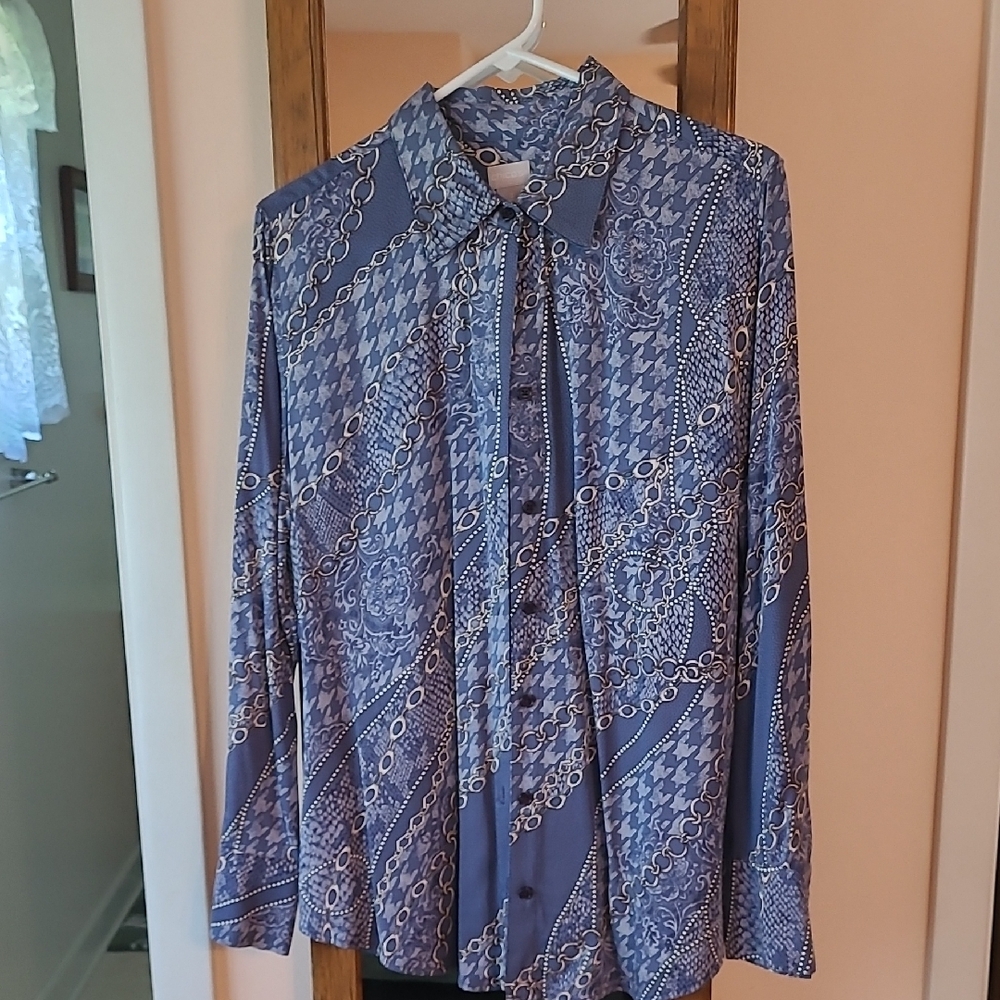 Chico's Blue Button Down Shirt with Geometric Pattern